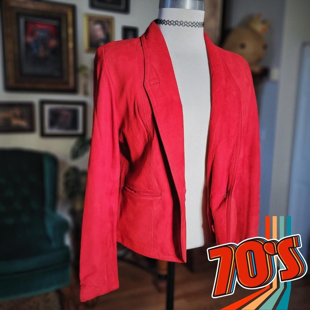 Dawn Fashions Vintage 70s Red Suede Leather Jacket Blazer Women Small Boho Retro